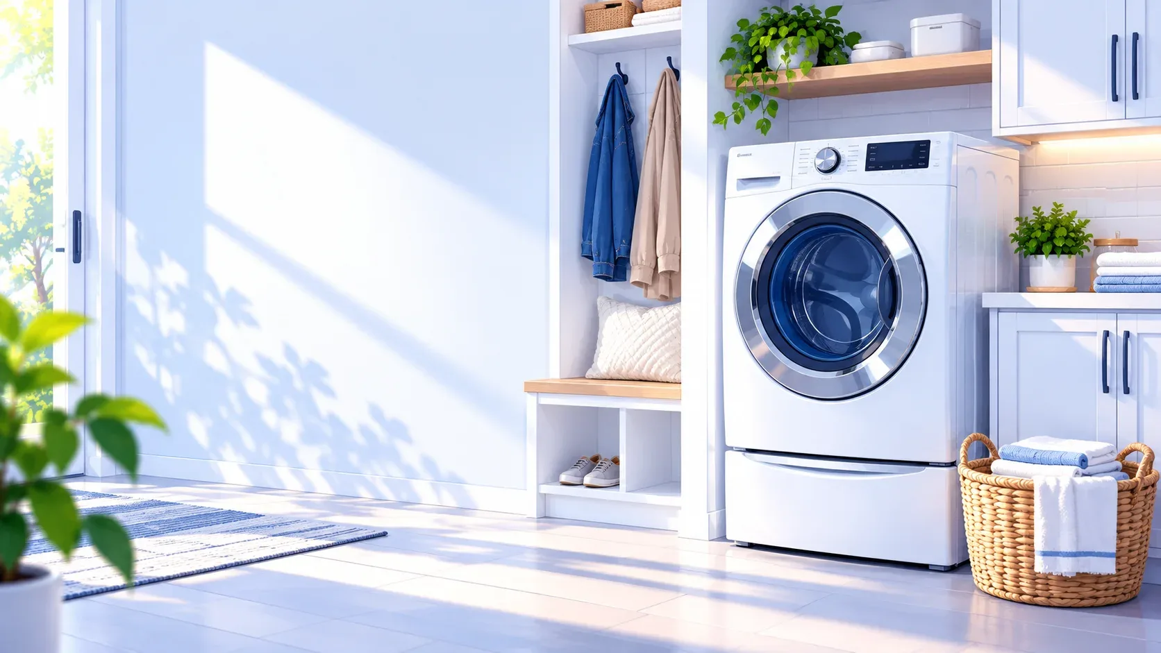 Front-load washing machine in a bright Barrie, Ontario laundry room
