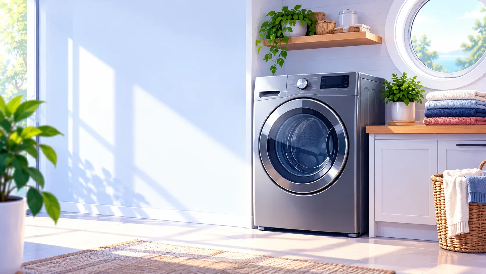 Front-load clothes dryer in a bright Barrie, Ontario laundry room